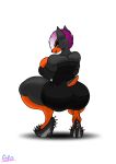  2019 anthro big_breasts big_butt breasts butt canid canine canis clothing crouching dobermann domestic_dog elizabeth_konig female hair hi_res high_heels looking_at_viewer mammal pinscher purple_hair solo sukoi_(artist) thick_thighs tight_clothing traditional_media_(artwork) wide_hips 