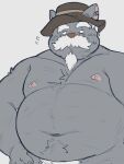  2022 anthro belly big_belly canid canine clothing facial_hair hat headgear headwear hi_res kemono male mammal mature_male moobs mustache navel ni_no_kuni:_cross_worlds ni_no_kuni_(series) nipples overweight overweight_male simple_background solo unknown_character whitebeast20 