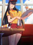  1girl 2022 angry arwald black_hair breasts employee_uniform fast_food_uniform highres kill_la_kill kiryuuin_satsuki logo_parody long_hair parody red_shorts shorts soda thick_eyebrows twitter_username uniform 