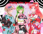  3girls alternate_costume bag bangs blue_kimono braid c.c. code_geass code_geass:_boukoku_no_akito code_geass:_soubou_no_oz green_hair happy_new_year head_tilt highres holding holding_bag ilohasvio japanese_clothes kimono leila_malcal looking_at_viewer looking_back looking_to_the_side looking_up marrybel_mel_britannia multiple_girls obi parted_bangs pink_kimono purple_eyes red_kimono sash yellow_eyes 