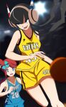  2girls alternate_costume armpit_peek bare_shoulders basketball basketball_uniform black_hair blue_eyes blue_flower blue_shirt blue_shorts blurry blurry_background commentary elesa_(pokemon) english_commentary flower hair_flower hair_ornament headphones jersey multiple_girls open_mouth playing_sports pokemon pokemon_(game) pokemon_bw red_hair shirt shorts skyla_(pokemon) smile sportswear vivivoovoo yellow_shirt yellow_shorts 