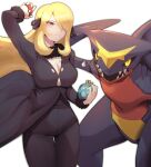  1girl absurdres alternate_breast_size arm_up berry_(pokemon) black_coat black_pants black_shirt blonde_hair breasts cleavage coat commentary_request cynthia_(pokemon) fur-trimmed_coat fur_collar fur_trim garchomp hair_ornament hair_over_one_eye highres holding holding_poke_ball large_breasts long_hair long_sleeves naru_peng pants poke_ball poke_ball_(basic) pokemon pokemon_(creature) pokemon_(game) pokemon_dppt shiny shiny_hair shirt smile v-neck yache_berry 