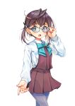  1girl absurdres adjusting_eyewear aqua-framed_eyewear aqua_bow aqua_bowtie black_hair blue-framed_eyewear bow bowtie brown_hair collared_shirt cowboy_shot dress glasses green_eyes grey_legwear highres kantai_collection long_sleeves multicolored_hair okinami_(kancolle) pantyhose pink_hair purple_legwear school_uniform shirt short_hair simple_background sleeveless sleeveless_dress solo white_shirt yashin_(yasinz) 