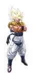  1boy absurdres baggy_pants black_wristband blonde_hair blue_sash commentary crossed_arms dragon_ball dragon_ball_super dragon_ball_super_broly dragon_ball_z english_commentary gogeta green_eyes highres knew_sky male_focus metamoran_vest mixed-language_commentary muscular muscular_male pants retro_artstyle sash shoes smirk solo spiked_hair super_saiyan super_saiyan_1 white_pants wristband 