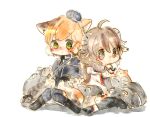  2girls animal_ears arknights bangs blonde_hair blush brown_hair cat cat_ears cat_girl chibi closed_mouth eyjafjalla_(arknights) goat_ears goat_girl goat_horns green_eyes hat highres horns long_hair mousse_(arknights) multiple_girls muro short_hair sitting smile 