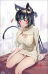  animal_ears bangs bare_legs barefoot bedside black_hair blunt_bangs blush breast_suppress breasts cat_ears cat_girl cat_tail cleavage cleavage_cutout clothing_cutout covered_nipples dress hand_up heart highres kawarage knees large_breasts long_hair looking_at_viewer original panties pantyshot red_eyes ribbed_sweater signature sitting sleeves_past_wrists sweater sweater_dress tail tan_sweater underwear very_long_hair 
