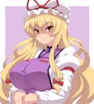  1girl blonde_hair breasts closed_mouth commentary_request dress eyebrows_visible_through_hair hair_between_eyes hat hat_ribbon highres huge_breasts juliet_sleeves kihaiu long_hair long_sleeves mob_cap own_hands_together puffy_sleeves purple_background purple_tabard red_ribbon ribbon simple_background smile solo touhou upper_body very_long_hair white_dress white_headwear yakumo_yukari yellow_eyes 