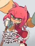  2022 amy_rose angry anthro clenched_teeth clothed clothing dialogue dress english_text eulipotyphlan female gloves green_eyes hair handwear hedgehog holding_object holding_weapon looking_at_viewer mammal nokonorii pink_hair red_clothing red_dress sega solo sonic_the_hedgehog_(series) talking_to_viewer teeth text weapon 