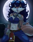  2022 absurd_res anthro blue_bottomwear blue_clothing blue_hair blue_pants bottomwear breasts canid canine carmelita_fox cleavage clothed clothing crop_top cuff_(restraint) female fox front_view gun hair handcuffs hi_res holding_gun holding_object holding_weapon kemokin_mania kneeling knight mammal metal_cuffs midriff moon navel pants ranged_weapon restraints shirt sly_cooper_(series) solo sony_corporation sony_interactive_entertainment sucker_punch_productions topwear video_games warrior weapon 
