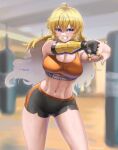  1girl abs ahoge artist_name blonde_hair blurry blurry_background breasts burnt_green_tea cleavage copyright_name cowboy_shot eyebrows_visible_through_hair grin hair_between_eyes highres large_breasts long_hair mechanical_arms midriff navel parted_lips punching_bag purple_eyes rwby shorts single_mechanical_arm smile solo sports_bra standing stretch sweat teeth watermark yang_xiao_long 