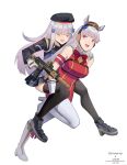  2girls absurdres animal_ears assault_rifle bangs beret black_legwear blue_skirt blunt_bangs boots breasts brown_headwear carrying closed_eyes crossover ear_bow facial_mark gar32 girls&#039;_frontline gloves gold_ship_(umamusume) grey_hair gun h&amp;k_hk416 hat heckler_&amp;_koch highres hk416_(girls&#039;_frontline) holding holding_gun holding_weapon horse_ears horse_girl horse_tail large_breasts long_hair long_sleeves military_jacket miniskirt multiple_girls pantyhose piggyback pillbox_hat plaid plaid_skirt pleated_skirt purple_eyes rifle skirt sleeveless tail teardrop_facial_mark teardrop_tattoo thighhighs umamusume weapon white_footwear white_gloves white_hair white_legwear 