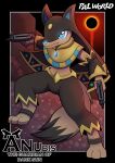  ambiguous_gender anthro anubis anubis_(palworld) blue_eyes canid canine deity egyptian_mythology gun hi_res long_tail mammal middle_eastern_mythology mythology palworld ranged_weapon red_sky sky solo vavacung weapon 