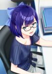  1girl a-chan_(hololive) absurdres blue_hair chair flat_chest frown glasses highres hololive looking_at_viewer multicolored_hair nipple_slip nipples open_mouth short_hair sitting solo teeth two-tone_hair virtual_youtuber zabudog777 