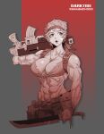  1girl abs absurdres ammunition_pouch astra_militarum belt biceps bolter breasts dog_tags earrings gun headband highres jewelry knife machete muscular muscular_female pouch rmulderz short_hair skull toned veins warhammer_40k weapon 