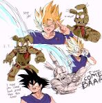  2boys animal_ears animal_robot bangs battle battle_damage bendedede black_eyes black_hair blonde_hair blue_eyes blue_shirt blue_wristband commentary crossover destroyed dragon_ball dragon_ball_z energy_ball english_commentary english_text five_nights_at_freddy&#039;s genki_dama hand_to_own_face highres male_focus multiple_boys multiple_views open_mouth rabbit_ears robot shirt son_goku spiked_hair springtrap super_saiyan super_saiyan_1 sweat sweatdrop teeth upper_teeth wristband 