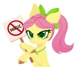  absurd_res angry belka-sempai earth_pony equid equine eyelashes female feral fur green_eyes hair hasbro hi_res hooves horse jewelry mammal mlp_g5 my_little_pony necklace pink_hair pony ponytail posey_(g5) ribbons sign simple_background solo tuft white_background yellow_body yellow_fur 