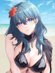  1girl bare_shoulders beach bikini black_bikini black_swimsuit blue_eyes blue_hair blush breasts byleth_(fire_emblem) byleth_(fire_emblem)_(female) byleth_(summer)_(fire_emblem)_(female) capelet collarbone eyebrows_visible_through_hair fire_emblem fire_emblem:_three_houses fire_emblem_heroes flower hair_flower hair_ornament halterneck hibiscus large_breasts looking_at_viewer medium_hair ocean official_alternate_costume portrait solo swimsuit tassel tomo_shirasu wet 