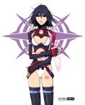  1girl black_hair black_legwear black_leotard breasts cleavage_cutout clothing_cutout collarbone eyebrows_visible_through_hair fingerless_gloves gloves himegami_gadget izumo_(himegami_gadget) kikuchi_michitaka leotard looking_at_viewer medium_breasts navel official_art promotional_art red_eyes solo stomach_cutout thighhighs white_background 