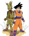  2boys animal_ears animal_robot bangs bendedede black_hair blue_footwear blue_sash blue_shirt boots clenched_hand clenched_hands collarbone commentary crossover dougi dragon_ball dragon_ball_z english_commentary five_nights_at_freddy&#039;s full_body hatching_(texture) highres looking_at_another male_focus multiple_boys orange_pants orange_shirt pants parted_lips rabbit_ears robot sash shirt simple_background smirk son_goku spiked_hair springtrap standing white_background 