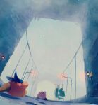  absurdres bandana blurry bridge cold elfilin flying fog highres kirby kirby_(series) kirby_and_the_forgotten_land light looking_up open_mouth snow snowflakes snowing surprised suyasuyabi waddle_dee walking 