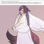  2022 absurd_res animal_humanoid blue_eyes blush braided_pigtails canid canid_humanoid canine canine_humanoid clothing dress fox_humanoid glacierclear hair hi_res humanoid lavender_(glacierclear) mammal mammal_humanoid multi_tail purple_hair veil wedding_dress 