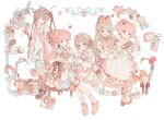  5girls ahoge balabling blue_legwear bow brown_bow brown_eyes cake detached_sleeves dress food glasses hair_ornament long_hair looking_at_viewer multiple_girls original pastel_colors pink_footwear pink_hair red_eyes short_hair tagme thighhighs twintails x_hair_ornament 