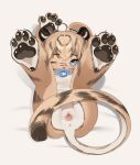  anthro anus blue_eyes breasts butt claws clitoris digital_media_(artwork) eyelashes feet felid feline felis female fur genitals hair hi_res looking_at_viewer lying mammal markings nijocest nude on_back one_eye_closed pacifier pawpads paws presenting pussy pussy_tape simple_background solo spread_legs spread_pussy spreading striped_body striped_fur striped_markings striped_tail stripes tail_markings tape toes wink young 