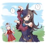  2girls =_= ? animal_ears arms_up bare_shoulders blue_flower blue_rose blush brown_hair bunny_pose dagger double_thumbs_up dress flower gloves gold_ship_(umamusume) grey_hair hair_over_one_eye hat hat_flower horse_ears hoshiko_(419401x) knife long_hair long_sleeves multiple_girls off-shoulder_shirt off_shoulder open_mouth paw_pose purple_dress purple_eyes purple_headwear rice_shower_(umamusume) rose sheath sheathed shirt solo_focus spoken_question_mark thumbs_up triangle_mouth umamusume upper_body weapon white_gloves 