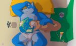 2020 anthro belly big_belly blue_body brown_body canid canine canis cellphone clothing duo earth embrace hi_res hug humanoid_hands kemono lutrine lying male mammal moobs mustelid nookdae overweight overweight_male phone pillow size_difference smartphone underwear wolf 