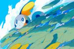  :o blue_eyes bright_pupils cloud commentary_request day highres lily_pad looking_up no_humans outdoors pokemon pokemon_(creature) sky sobble solo white_pupils wulie_errr 