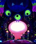  absurdres copy_ability dark extra_eyes fang glowing highres kirby kirby_(series) kirby_and_the_forgotten_land light light_bulb_mouth light_rays looking_at_another looking_down looking_up monster mouthful_mode neon_lights open_mouth star_(symbol) suyasuyabi walking 