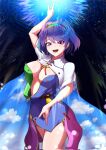  1girl bangs blue_hair breasts cape cowboy_shot highres large_breasts looking_at_viewer multicolored_clothes multicolored_hairband open_mouth pepelonthi pink_eyes pointing pointing_down pointing_up short_hair sky_print smile solo standing tenkyuu_chimata touhou white_cape zipper 