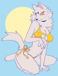  2022 anthro belly big_breasts bikini blue_background blush breasts buttsteak canid canine canis claws clothing colored digital_media_(artwork) erect_nipples female fluffy hi_res kneeling mammal navel neck_tuft nipple_outline nipples simple_background solo sun swimwear tuft wolf wolf_(buttsteak) 