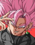  1boy bangs black_eyeshadow black_shirt black_undershirt commentary_request dougi dragon_ball dragon_ball_super earrings eyeshadow glowing goku_black grin highres jewelry looking_at_viewer makeup male_focus muscular muscular_male pink_eyes pink_hair potara_earrings red_background ring shirt simple_background smile solo spiked_hair super_saiyan super_saiyan_rose tarosi taut_clothes taut_shirt thick_eyebrows v-shaped_eyebrows 