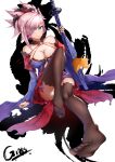  1girl artist_name bangs bare_shoulders blue_eyes blue_kimono breasts brown_legwear cleavage closed_mouth fate/grand_order fate_(series) feet flip-flops full_body gins hair_ornament hair_over_one_eye highres holding holding_sword holding_weapon japanese_clothes katana kimono legs miyamoto_musashi_(fate) ninja pink_hair sandals sheath sheathed shoes single_shoe smile soles solo sword thighhighs toes weapon white_background 
