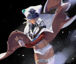  1girl black_background brown_eyes closed_mouth cofffee cowboy_shot dark-skinned_female dark_skin groin guilty_gear guilty_gear_xrd looking_at_viewer ramlethal_valentine short_shorts shorts snow snowing solo standing thigh_strap white_hair white_headwear white_shorts 