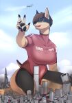  2022 5_fingers absurd_res aircraft airplane anthro breasts building canid canine canis city clothing cloud dobermann domestic_dog female fingers fur gasmaskfox hi_res macro mammal one-piece_swimsuit open_mouth pinscher sky skyscraper solo swimwear topwear 