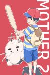  backpack bag baseball_bat baseball_cap black_hair closed_mouth copyright_name doseisan hat highres kobayashi_chizuru looking_at_viewer male_focus mother_(game) mother_2 ness_(mother_2) shirt shorts striped striped_shirt 