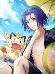  1boy balloon beach blue_hair green_eyes highres james_(pokemon) male_focus meowth misumiyui41 pokemon pokemon_(anime) pokemon_(creature) smile summer sunglasses sunlight topless_male 