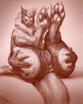  2021 4_toes 5_fingers absurd_res anthro anus butt feet felid feline female fingers genitals hi_res hindpaw humanoid_hands looking_at_viewer lying mammal mane nude nude_female on_back paws presenting presenting_hindquarters pussy sketch solo spectrumshift toes 