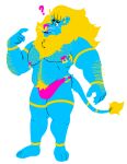  anthro armpit_hair blue_body blue_fur body_hair bulge chest_hair clothed clothing cmyk confusion facial_piercing felid flufflion fluffy_(flufflion) fur handpaw hi_res hindpaw lion male mammal markings musclegut muscular muscular_anthro muscular_male nipple_piercing nipples nose_piercing nose_ring pantherine partially_clothed paws piercing pubes question_mark solo tail_tuft tuft underwear whiskers yellow_body yellow_fur 