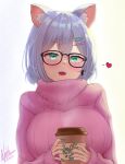  absurdres animal_ears aqua_eyes blush breasts cat_ears coffee_cup cup dated disposable_cup glasses hair_ornament hairpin heart highres hiiragi_emuri holding holding_cup large_breasts looking_at_viewer mole mythic_live nail_polish natch_imaycz pink_sweater ribbed_sweater signature smile steam sweater virtual_youtuber 