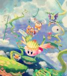  absurdres bandana bat_wings character_request cloud cloudy_sky coat copy_ability creature day facepaint feathers floating floating_island flower flying grass highres king_dedede kirby kirby_(series) leaf looking_to_the_side mask meta_knight open_mouth plant polearm shoulder_pads sky spear suyasuyabi sword vines waddle_dee weapon wings 