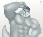  2022 anthro barazoku clothing eyes_closed grey_body hat headgear headwear hi_res humanoid_hands kemono lutrine male mammal muscular muscular_male mustelid nipples nookdae pecs simple_background solo 