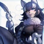  1girl animal_ears bangs black_hair blue_eyes bright_pupils eyebrows_visible_through_hair fang fang_out fur_collar gloves grey_wolf_(kemono_friends) grin hair_between_eyes heterochromia highres holding jacket kemono_friends lips long_sleeves looking_at_viewer miniskirt multicolored_hair necktie orange_eyes plaid plaid_necktie plaid_skirt sketch skirt smile solo sparkle takami_masahiro thighhighs two-tone_hair upper_body white_hair white_pupils wolf_ears zettai_ryouiki 