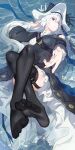  arknights feet foot_focus hao_guangze_yu long_hair lying on_back red_eyes specter_(arknights) thighhighs water wet wet_clothes white_hair 