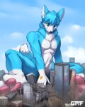  2022 4:5 5_fingers absurd_res anthro blue_body blue_fur canid canine canis cloud domestic_dog fingers fur gasmaskfox hi_res looking_down male mammal sky solo strategically_covered underpaw white_body white_fur 