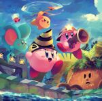  character_request closed_eyes cloud cloudy_sky copy_ability drill elfilin flying frown gun helmet highres kirby kirby_(series) kirby_and_the_forgotten_land looking_to_the_side open_mouth polearm sky spear star_(symbol) suyasuyabi tongue tornado waddle_dee walking water weapon 