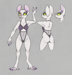  4_toes anthro bat_nose breasts butt chiropteran claws clothed clothing digitigrade ecmajor fangs feet female genitals green_sclera grey_background leotard mammal membrane_(anatomy) navel partially_clothed pink_claws simple_background solo standing toes webbed_arms webbed_hands white_body 