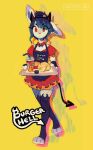  absurd_res anthro apron burger clothed clothing costume devil_costume dress fast_food female fishnet food footwear hair hair_bun hi_res holding_object lagomorph legwear leporid mammal one_ear_up paws rabbit red_eyes simple_background solo spade_tail thigh_highs toeless_footwear tray waiter waspsalad yellow_background 